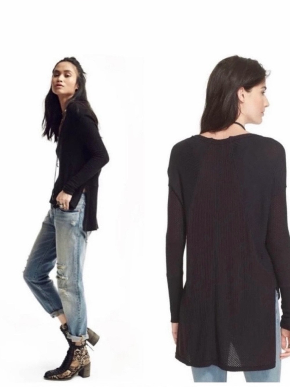 NWOT FREE PEOPLE Tunic, Long Shirt, Thermal Waffle Weave, Black, S